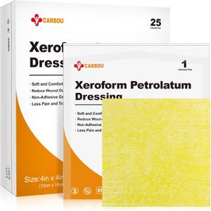 Carbou 4"x4" Medical Xeroform Petrolatum Dressing, Non-Adherent Gauze Pads, Soft Fine Mesh Gauze Patch for Wound Care, Burns, Lacerations, Skin Grafts & Surgical Incisions, 25 Individual Pack