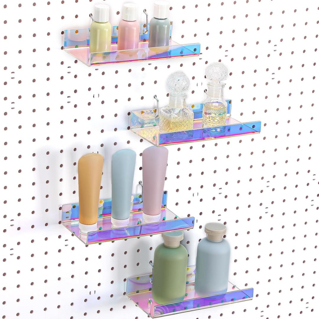 Lounsweer 4 Set Pegboard Shelf Acrylic Shelf with Metal Hooks Peg Board Organizer Accessories Storage Shelf for Pegboard Display Wall Craft Room Home Garage Nursery Kitchen (Iridescent,8 x 4 Inch)