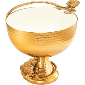 Large Brass Gold & White Footed Decorative Bowl - Fruit & Nut Bowl, Home Decor Flower Design Pedestal Brass Antique Inspired Pedestal Dessert, Chip N Dip Table Serving Display Set, Plate Centerpiece