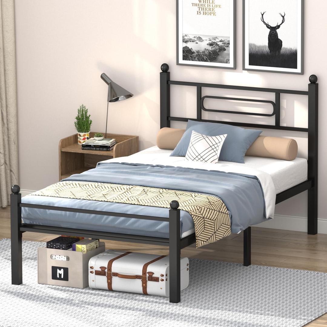 Black Metal Twin Size Bed Frames with headboard,Noice Free Design,Heavy Duty Sturdy Mattress Foundation,12in Under Bed Storage Space,Easy Assembly,Tools Free