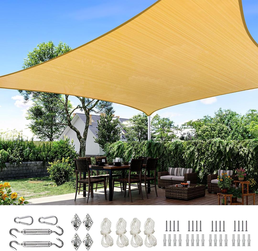 Quictent Sun Shade Sail Canopy 260GSM Polyester Fabric Shade Cloth for Outdoor Patio Backyard, Hardware Kit Included, 20X20 FT, Sand