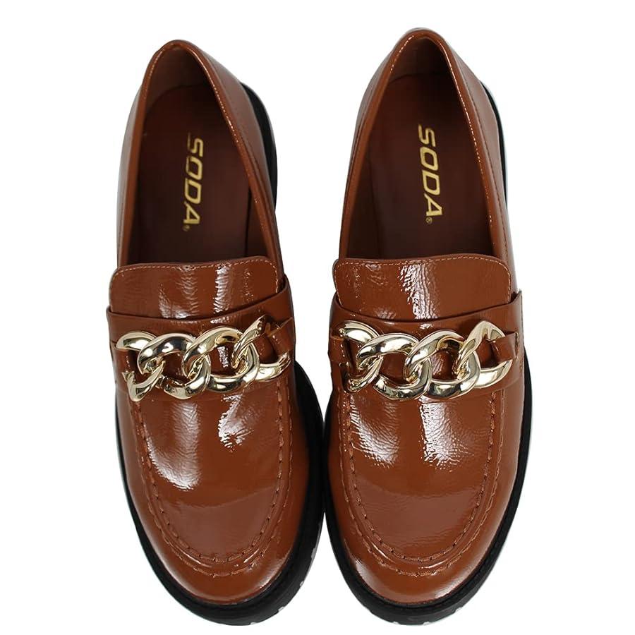 Soda Women's Chain Faux Leather Lug Platform Block Heel Loafers, Size 6.5