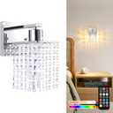 Crystal Battery Operated Wall Sconce, Rechargeable Wall Lamp with 5200mAh Battery & Remote Control, Modern Dimmable Wireless Wall Lights Fixture for Bedroom Bathroom (Clear, Silver Base)