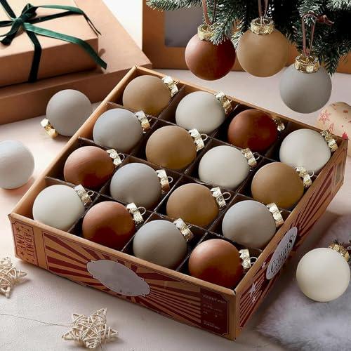 Hollowfly 24 Pcs Neutral Matte Christmas Ball Ornaments 2.4 Inch Rustic Boho Brown Tan Ivory Beige Xmas Bulbs Ornament Vintage Xmas Baubles Modern Christmas Decor for Tree Farmhouse Holiday Decor