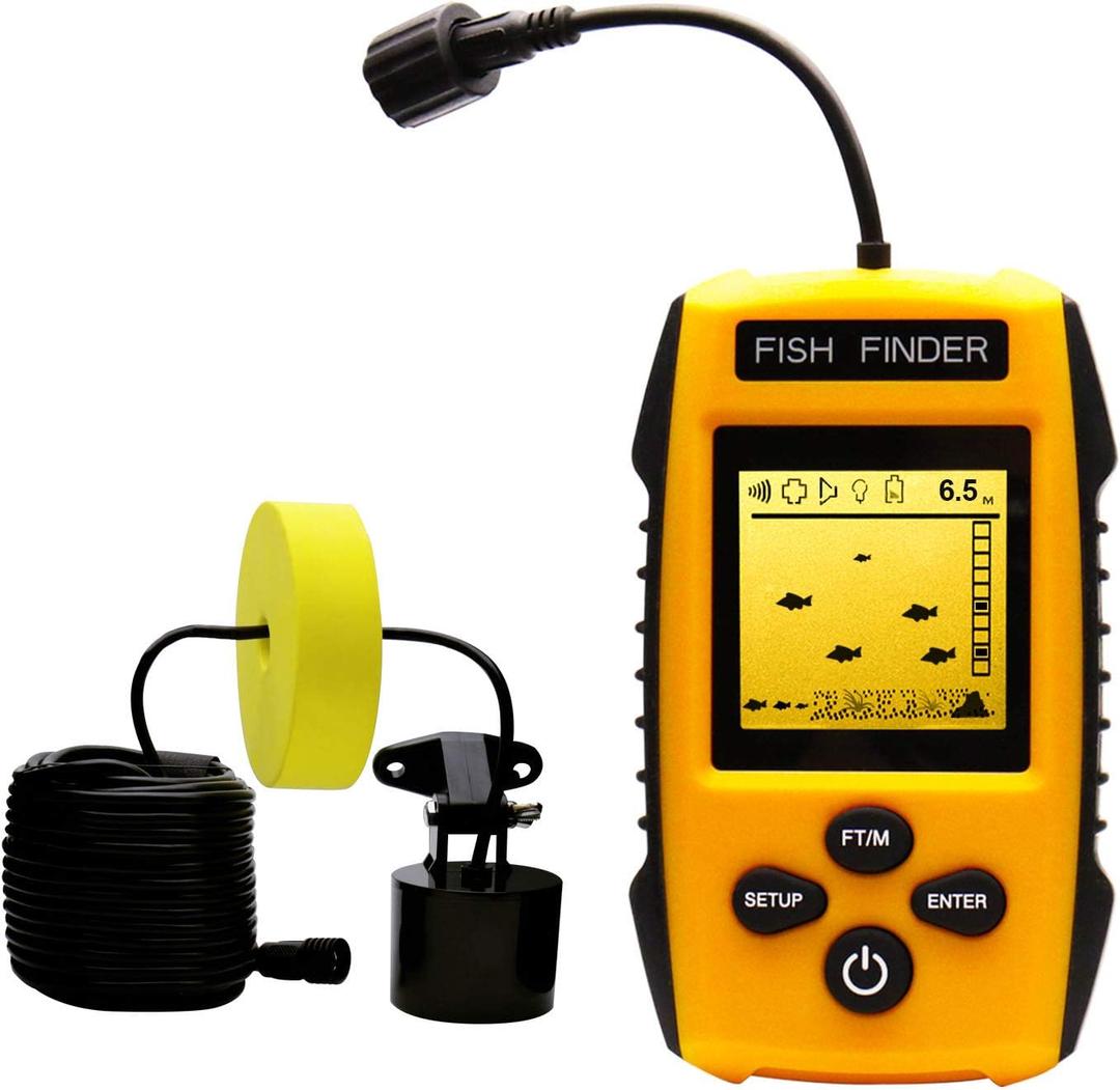 Handheld Fish Finder Portable Fishing Kayak Fishfinder Fish Depth Finder Fishing Gear with Sonar Transducer and LCD Display (Yellow)
