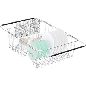 Fanbsy Large Dish Drainer Rack in Sink Adjustable, Expandable 304 Stainless Steel Metal Dish Drying Rack Organizer with Stainless Steel Utensil Holder Over Inside Sink Counter, Rustproof (Large - 14.9612.65.87 Inches)