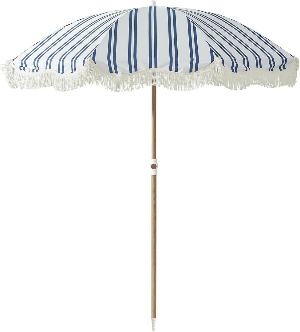 6FT Stripe Fringe Beach Umbrella for Sand with Sand Anchor, UPF 50+ Sun Shade with Tassels, Adjustable Tilt Pole, Portable Coastal Umbrella for Beach & Pool, Heritage Ocean Blue Stripe