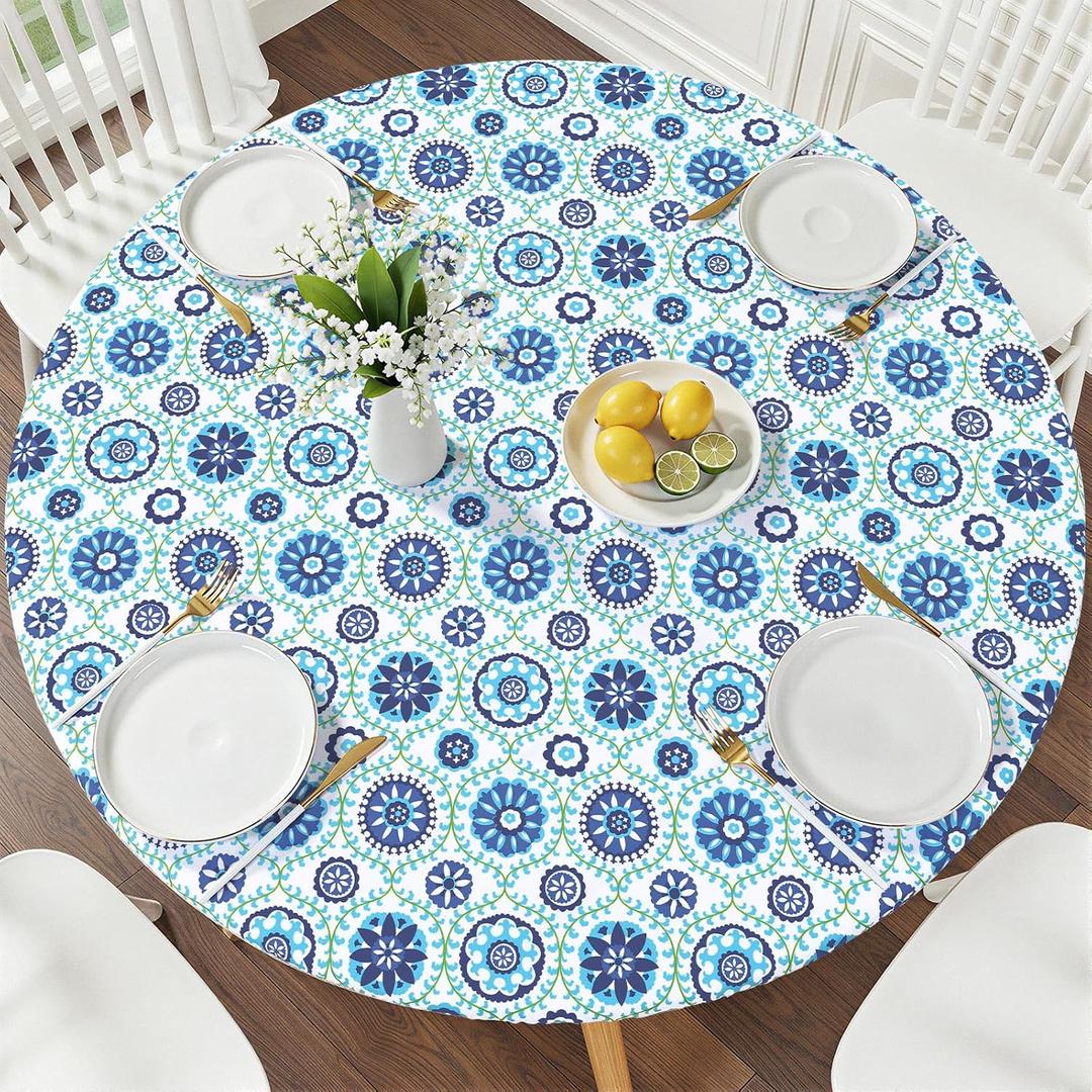 Smiry Round Picnic Tablecloth, Waterproof Elastic Fitted Table Covers for 45" - 56" Tables, Wipeable Flannel Backed Vinyl Tablecloths for Camping, Indoor, Outdoor, Navy & Green