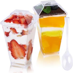 JOLLY CHEF 100 Pack 3 oz Mini Dessert Cups with Spoons and Lids, Square Tall Clear Plastic Parfait Appetizer Cup Small Serving Bowl for Party Desserts