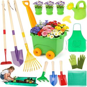 Kids Gardening Set, Outdoor Toys with Wheelbarrow and Kids Garden Tools, Toddler Gardening Set with Repotting mat, Gloves, Apron, Watering Can, Pretend Play Learning Toys for Kids Boys and Girls 3-8