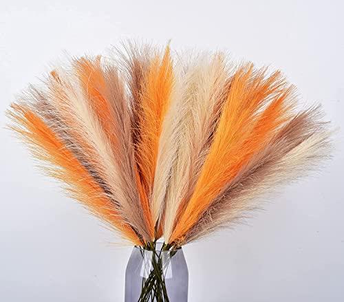 LSKYTOP Orange Pampas Grass Decor,23Inch 12pcs Faux Pampas Grass Bouquets Artificial Pampas Fake Pampas Flower for Home Living Room Bedroom Vase Decor