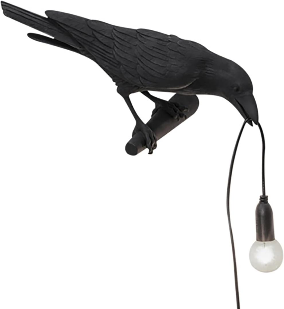 Raven Bird Lamp,Vintage Resin Crow Lamp with E14 Blub, Wall Mounted Gothic Wall Sconce Night Light Fixture with Plug in Cord for Living Room Bedroom Art Deco (Black Left)