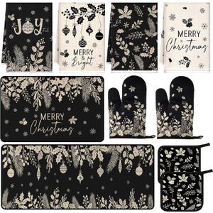 10 Pcs Winter Kitchen Decor Set Pine and Holly Kitchen Towels and Rugs Black Oven Mitts Pot Holders Absorbent Towels for Baking Cooking BBQ Gifts Home Decorwin