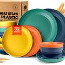 Teivio 32-Piece Kitchen Plastic Wheat Straw Dinnerware Set, Service for 8, Dinner Plates, Dessert Plate, Cereal Bowls, Cups, Unbreakable Colorful Plastic Outdoor Camping Dishes, Autumn Multicolor