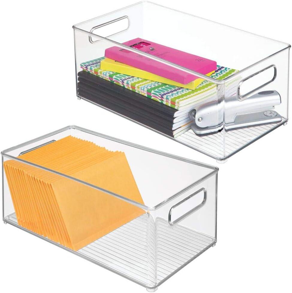mDesign Deep Plastic Storage Organizer Container Bin, Office Organization for Filing Cabinet, Cupboard, Shelves, and Desk - Holds Notepads, Pens, Pencils, Highlighters, and Staplers - 2 Pack - Clear