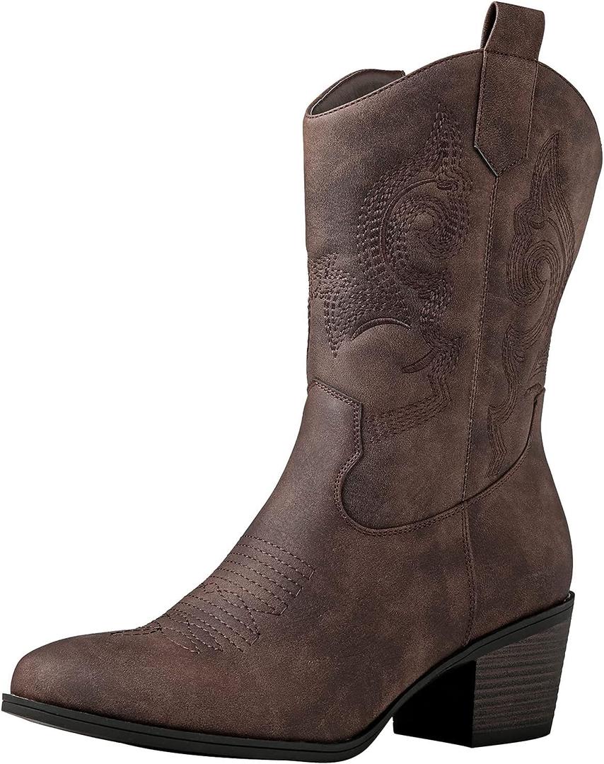 GLOBALWIN Women's Mid Calf The Western Cowgirl Boots Fashion Cowboy Boots For Women Chunky Low Heel (7, 19yy17brown)