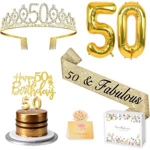 50th Birthday Decorations for Women with 50th Birthday Sash and Crown, Number Balloons, Birthday Card, Cake Topper and Candles, 50 Year Old Female Gifts for Her, Gold