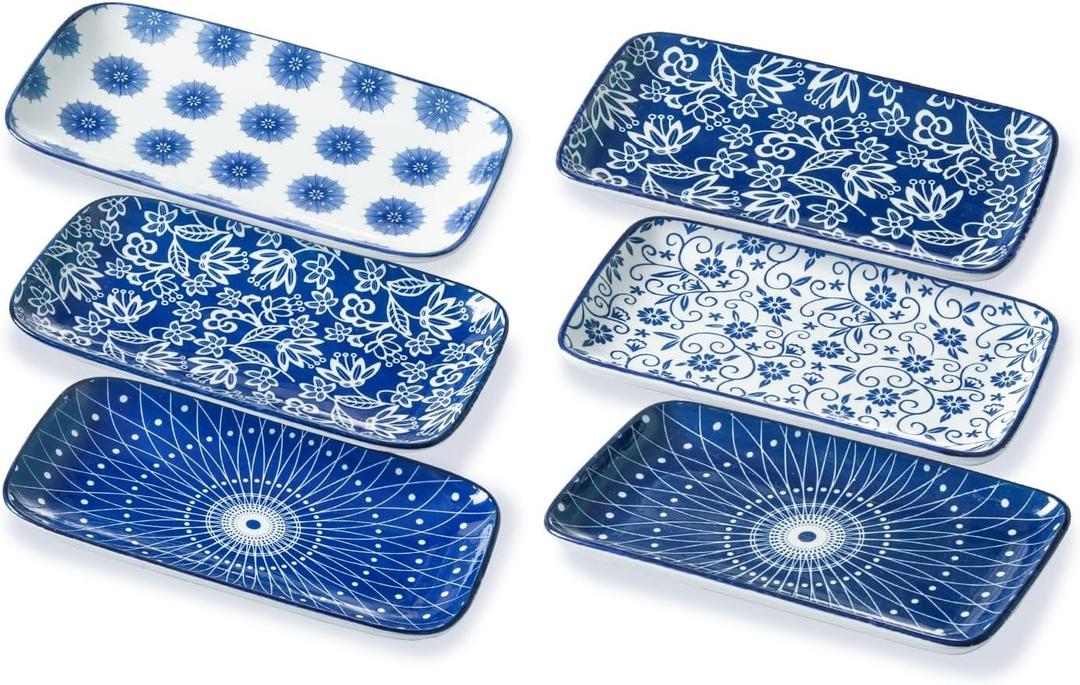 Rectangle Serving Plates Set - 8.3 Inch Rectangular Ceramic Dinner Dishes- Oven Microwave Dishwasher Safe - Porcelain Platter for Salad Appetizer Sushi Dessert - Set of 6 - Vintage Blue