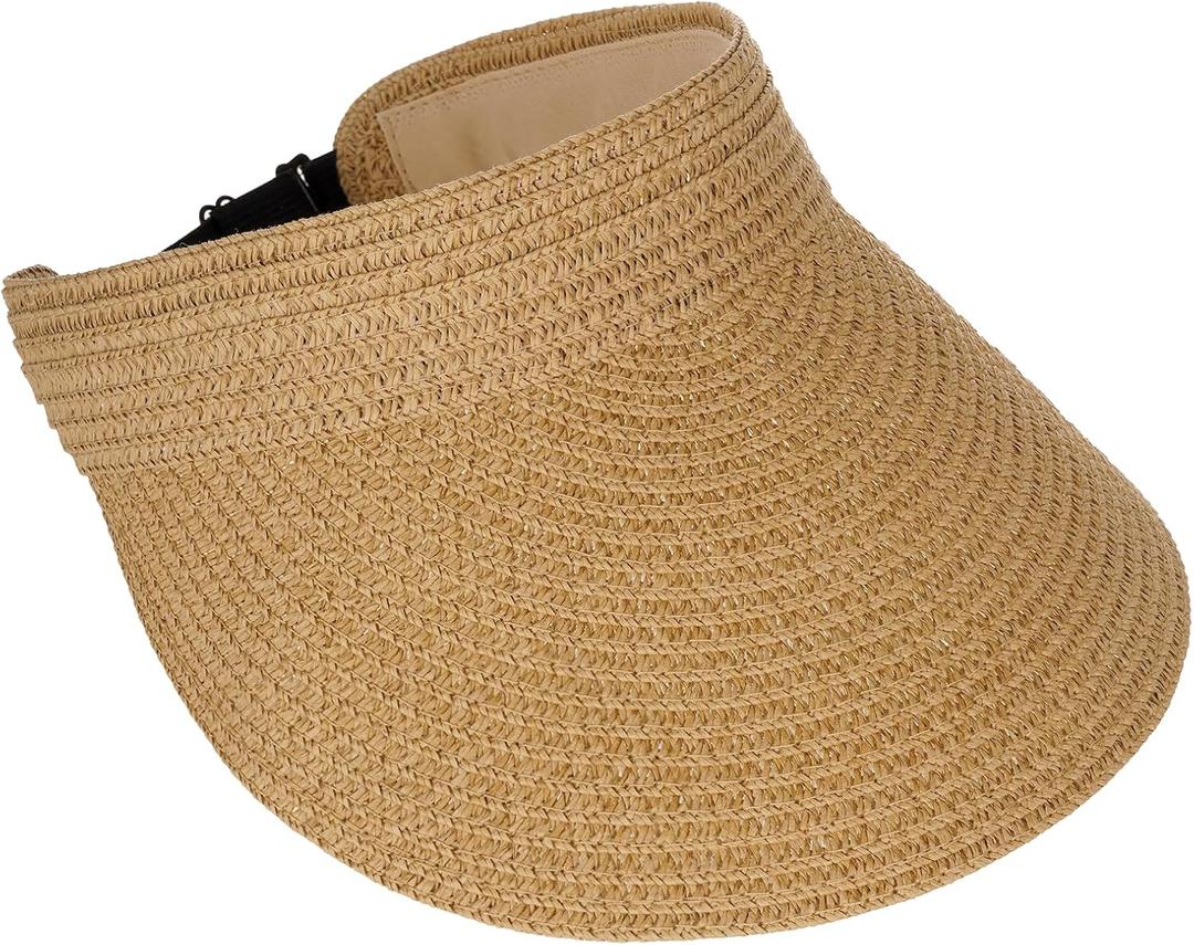 Straw Sun Visors Hats for Women UV Protection, Summer Packable Beach Hat, Wide Brim Foldable Hats for Travel