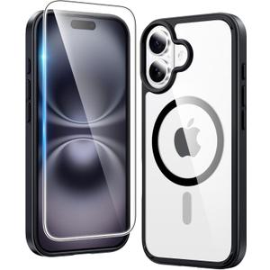 FNTCASE for iPhone 16 Plus Case: Clear Magnetic Phone Cases with Screen Protector Compatible with Magsafe Slim Anti Yellowing Rugged Shockproof Protective Transparent Cell Phone Cover (B-Black)