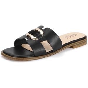 IDIFU Women's Flat Sandals Square Open Toe Slip On Comfortable Dressy Cute Trendy Casual Fancy Slide Sandals for Women Ladies Bridal Summer Beach Work Office Wedding Flat Sandals (8.5, Black Pu)
