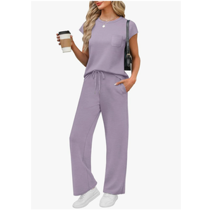 2 Piece Sets for Women Casual Summer Travel Vacation Outfits Cap Sleeve Lounge Set purple S