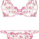 Lilosy Sexy Floral Embroidered Mesh Sheer Underwire Lingerie Set (Pink, S)