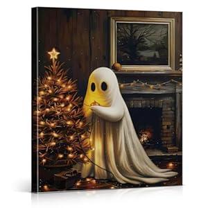 XIPLUM Retro Ghost Christmas Canvas Wall Art Vintage Ghost & Christmas Tree Poster Picture Wall Decor Funny Xmas Aesthetic Painting Artwork for Home Office Living Room Bedroom Decoration, 8x10 Inch