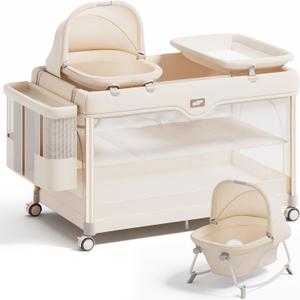 Pamo Babe 6-in-1 Pack and Play with Bassinet One-Step Setup Baby Bassinet, Portable Playard, Travel Crib with Mattress, Changing Table, Storage Bag & 4 Wheels Travel Playpen for Baby (Beige)