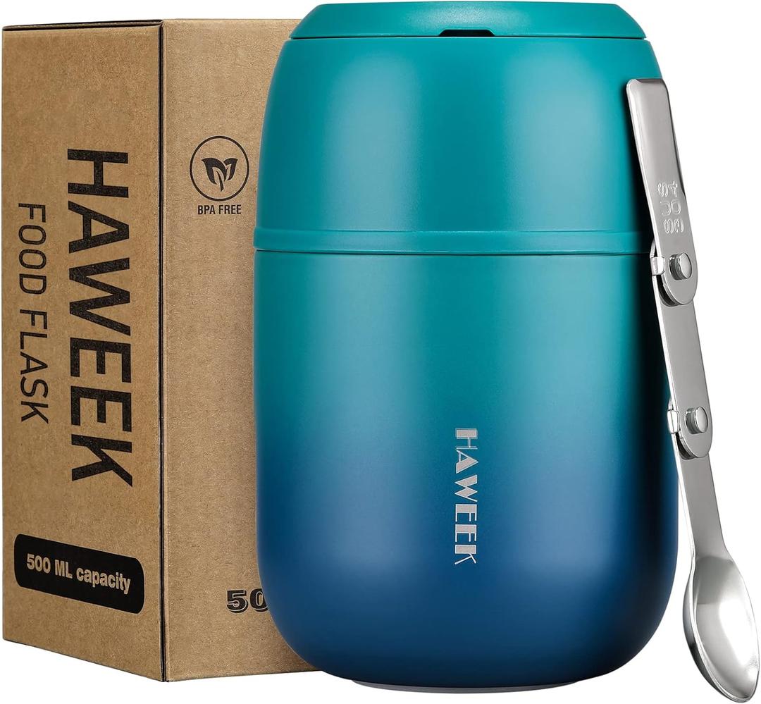 Insulated Soup Thermo 17oz - Stainless Steel Vacuum Lunch Box for Adults, Kids Leakproof Hot Food Container with Handle Folding Spoon (School Office Outdoor) (17oz-Gradient Dark Green)