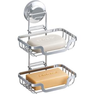 LEVERLOC Soap Holder, Soap Bar Dish for Shower Suction Cup Wall Mounted, Stainless Steel Double Layer Sponge Holder for Bathroom Bathtub Kitchen Sink, Removable Waterproof, Keep Dry, Silver