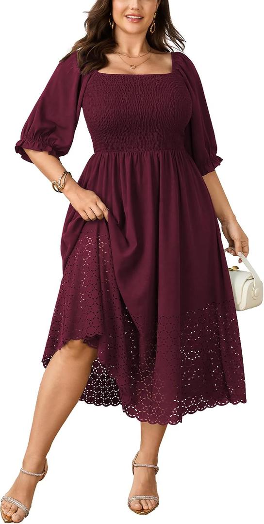 SCOMCHIC Women's Plus Size Maxi Dress Short Sleeve Square Neck Hollow Out Smocked Flowy A-Line Boho Wedding Guest Dresses (XXXL)