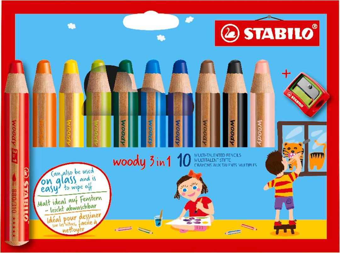 STABILO Multi-Talented Pencil woody 3 in 1 - Pack of 10 - Assorted Colors with Sharpener