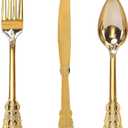 WDF 300 Pieces Gold Plastic Silverware Disposable - Heavy Duty Plastic Cutlery - Gold Silverware Sets Includes 100 Forks, 100 Spoons, 100 Knives for Baby Shower Wedding Spring