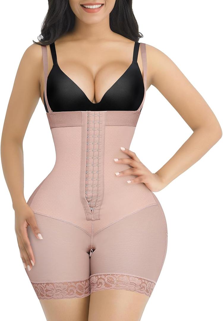 SHAPELLX Fajas Colombianas Shapewear for Women Tummy Control Plus Size Postpartum Body Shaper Butt Lifting Bodysuit (Medium, A5-beige-3 Rows Hooks-detachable Straps)