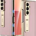 Miimall Case for Samsung Galaxy Z Fold 7 with Screen Protector & Kickstand & Hinge Protection, Premium Leather Phone Cover for Women Girls, Anti-Slip Shockproof Hard Ultra Thin for ZFold 7 Case Pink