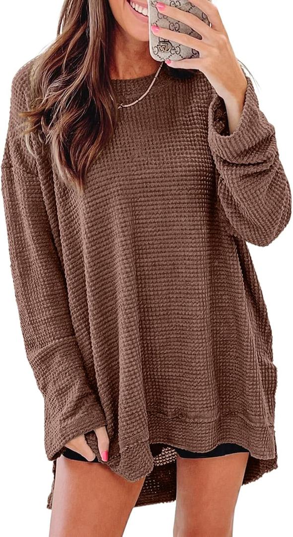 SHEWIN Oversized Sweatshirt for Women Casual Waffle Knit Tops for Women Lightweight Womens Sweatshirt Pullover Womens Fall Clothes,(US 20-22) 2XL,Coffee