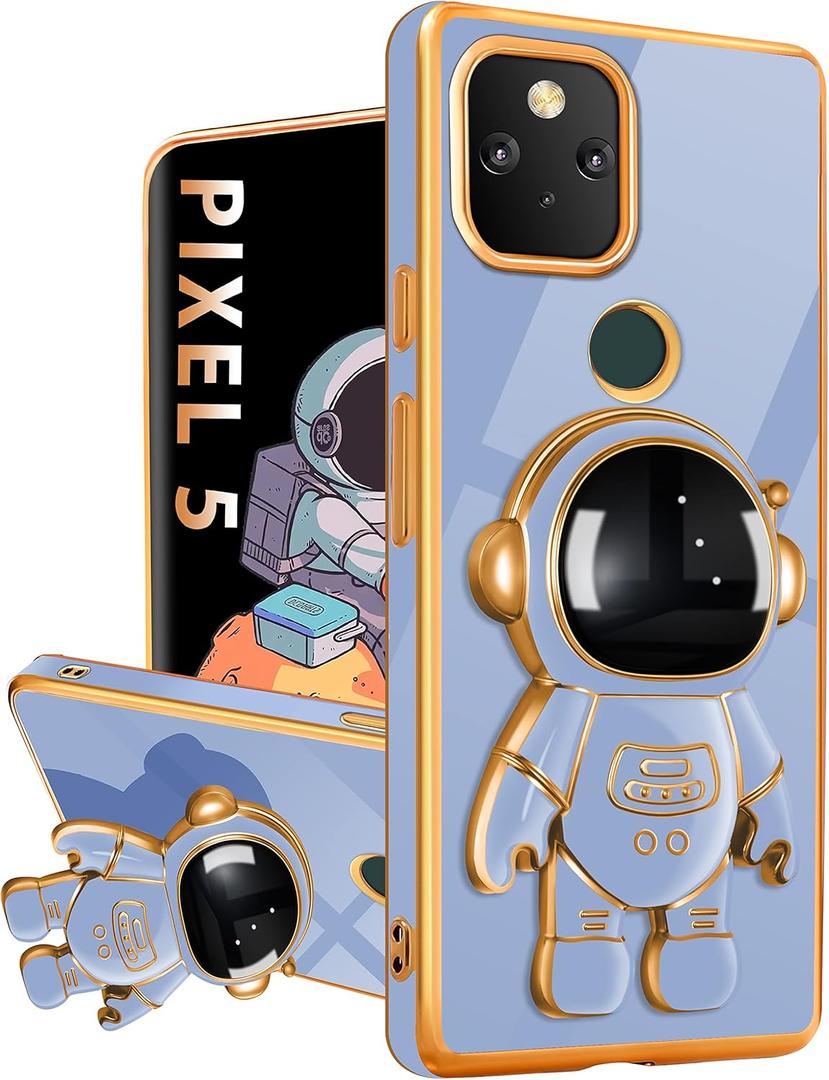 Buleens for Google Pixel 5 Case with Astronaut Stand, Women Girls Pixel 5 Cases, Girly Cute 6D Space Astronaut Hidden Kickstand Unique Design Phone Cover for Google Pixel 5 6.0 Inch Dark Blue
