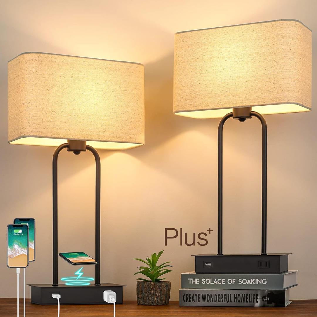 Set of 2 Wireless Charging Touch Control 3-Way Dimmable Table Lamps, Beside Nightstand Lamps for Bedroom with USB Port & AC Outlet, Living Room Office End Table Modern Black Lamps, LED Bulbs Included