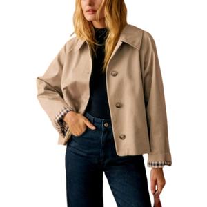 Yeokou Women Oversize Trench Coat Plaid Lining Lapel Button Down Casual Crop Jacket Outwear with Pockets(Khaki-L)