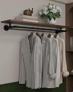 TEDIDUWA Clothes Rack 48in, Wall Mounted Garment Rack with Solid Walnut Wood Shelf, Heavy Duty Hanging Clothes Rack, Multi-Purpose Hanging Rod, Space-Saving Closet Storage