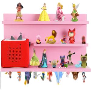 PHOENANCEE for Tonies Shelf Magnetic,for Toniebox Figures Storage Display Shelf 40-48 Character,Wall Floating Shelves Wooden,Compatible Charging Station for Children Kid's Room,Pine,3 Tier (Pink)