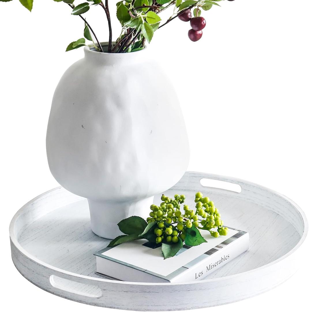 19.6" Extra Large Round Wooden Decorative Tray with Handles,White