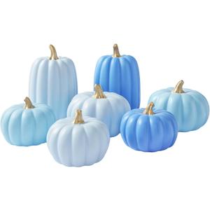 WDS WONDROUS Fall Pumpkin Decor Set of 7 Thanksgiving Decorative, Artificial Fake Blue Pumpkins with Gold Stems Decorations for Home, Resin Pumpkins Set Harvest Gender Reveal Mantel Table Centerpiece