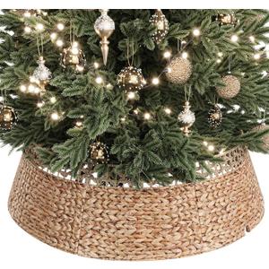 ELYKEN 42 Inch Woven Rattan Christmas Tree Collar, Stylish Seagrass & Water Hyacinth Xmas Tree Skirt for Artificial Trees, Wicker Tree Base Cover with Cord Cut-Out Farmhouse Tree Ring for Home Decor (Natural)