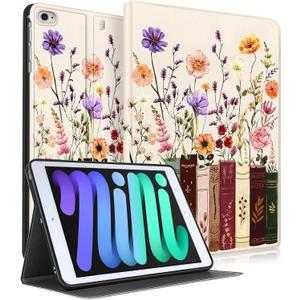  iPad mini 5th 2019/Mini 4th 2016 Case - Smart Folio Cover (Auto Wake/Sleep) with Build-in Pencil Holder for Apple Tablet Soft PU Leather Cover for Women Girls,Painting Flowers (Bookshelf Floral)