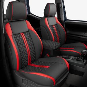 Custom Seat Covers for Tacoma 2016-2023 3rd Gen Double Cab SR5/TRD Off-Road/SR/TRD Sport/TRD PRO Full Set with Console Covers, Waterproof Leather Back and Front Seat Protectors Black Red
