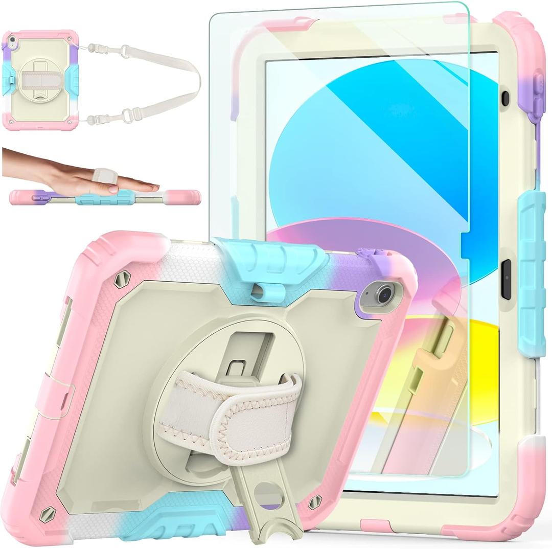 Ambison Case for iPad A16 11th/10th Generation 11"/10.9'' 2025/2022,Heavy Duty Shockproof Case with Tempered Glass Screen Protector, 360 Rotating Handle Strap&Stand,Shoulder Strap-Pink