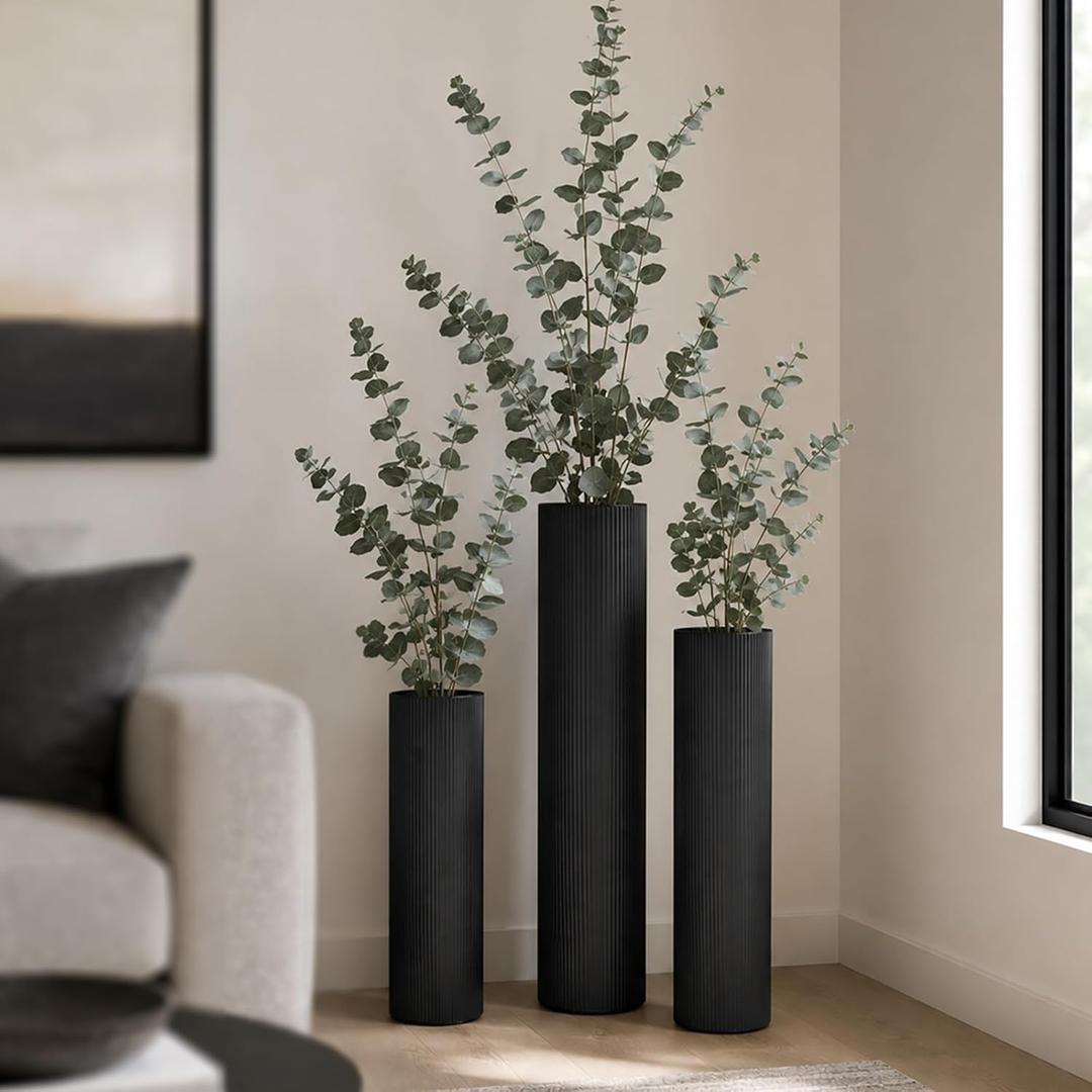Black Tall Ribbed Floor Vase - Set of 3 Metal Large Decorative Vases
27.6in Long Modern Minimalist Big Cylinder Standing Boho Corner Decor for Farmhouse Living Room Entryway Pampas Grass