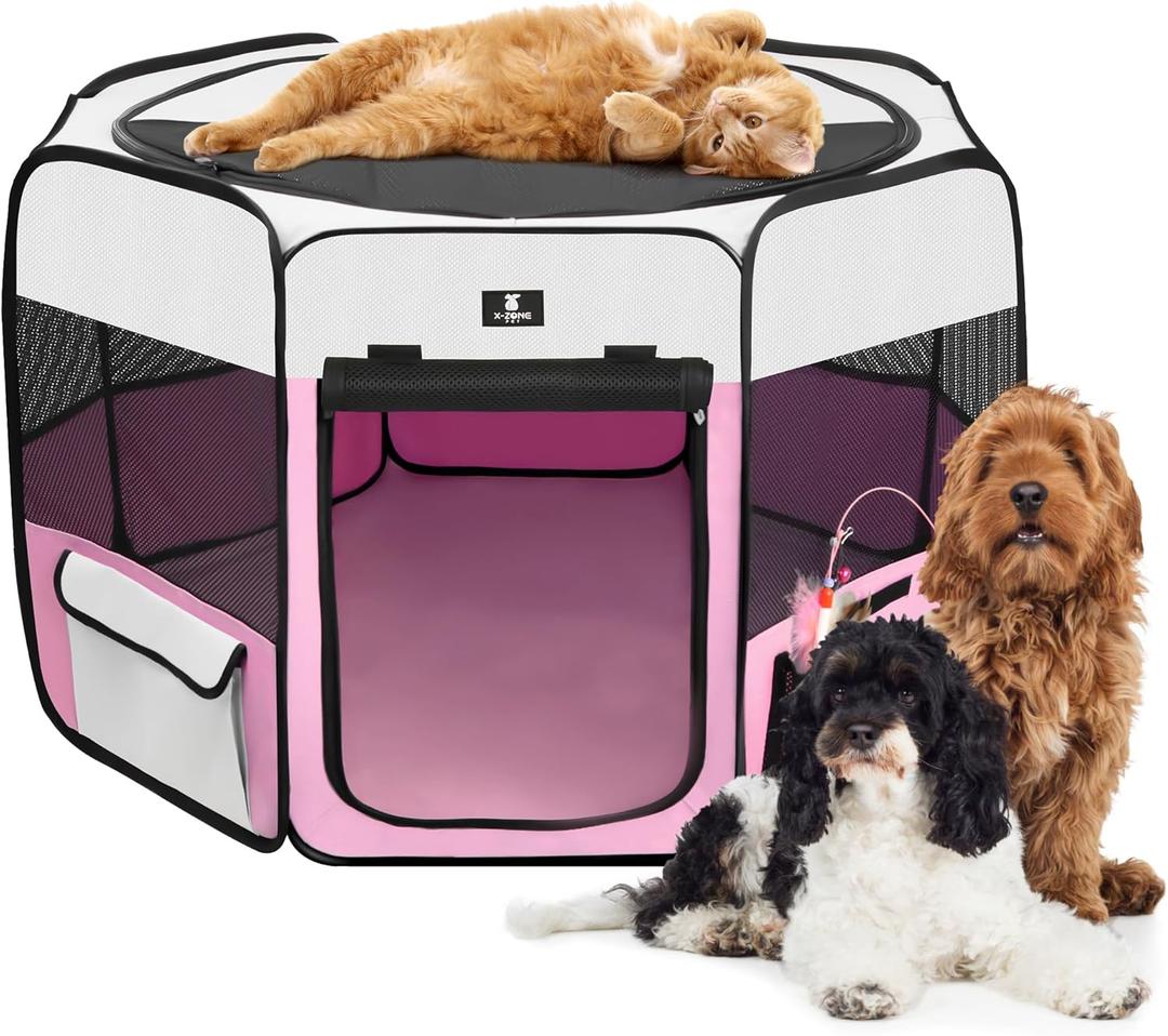 X-ZONE PET Dog Playpen Portable Pet Play Pens for Puppies, Cat, Rabbit, Chicks, Foldable Exercise Play Tent Kennel Crate, Indoor/Outdoor Travel Camping Pink Small